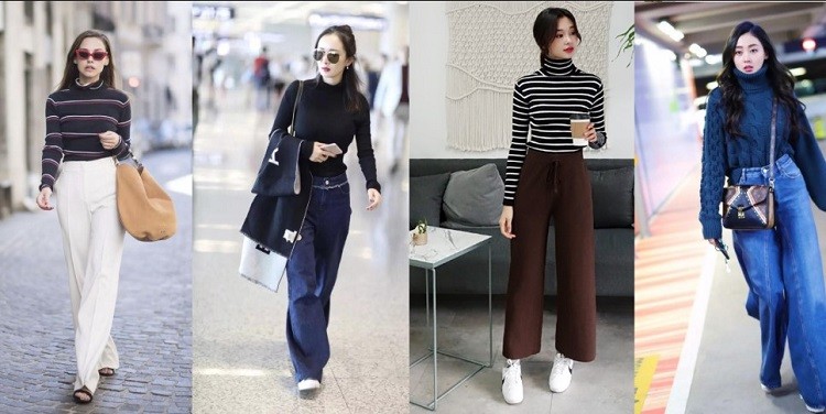 Áo len mix với quần ống rộng