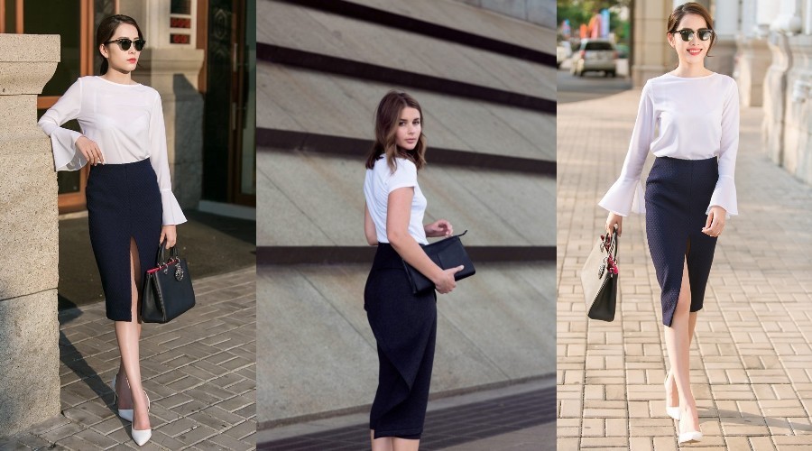 Áo thun trắng và chân váy dài