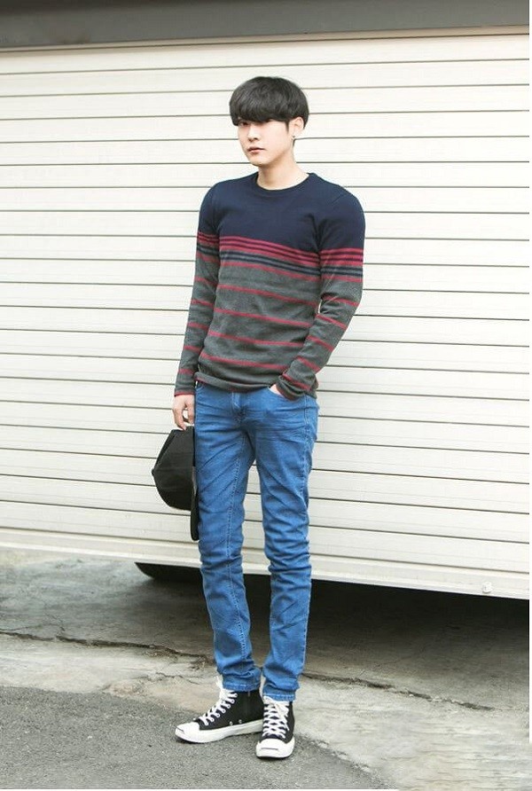 Cách mix giày converse cổ cao + áo sơ mi + quần tây dài